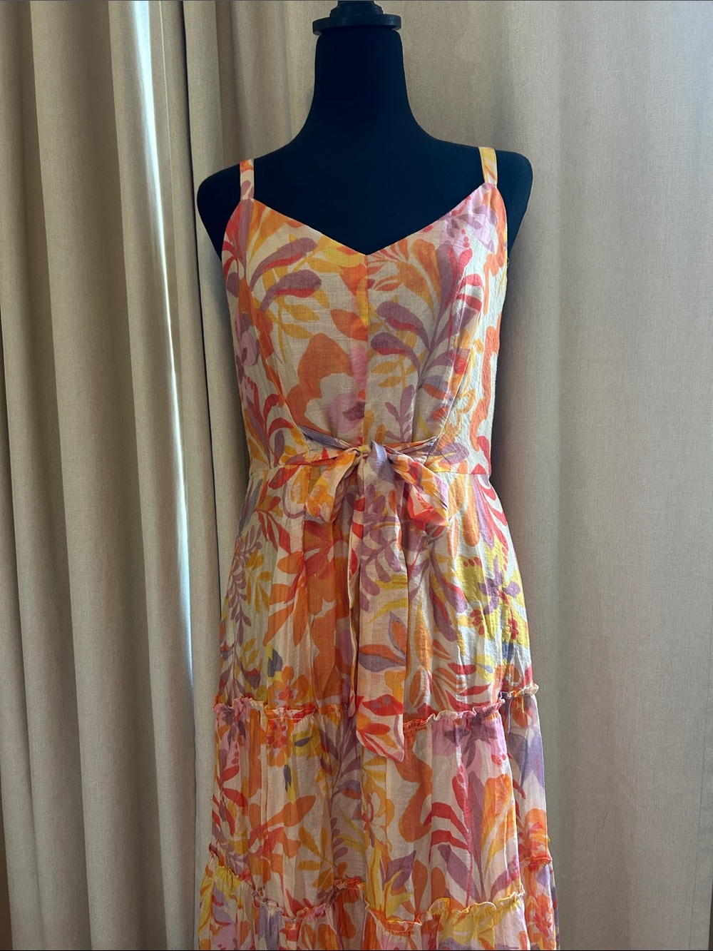 MSK Strappy Tie-Waist Midi Dress in Orange, Pink and Yellow